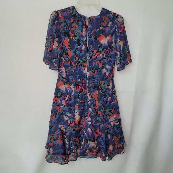 Harlyn Dress Womens M Blue Metallic Abstract Ruffled Lined V-Neck Flutter Sleeve - Picture 8 of 16